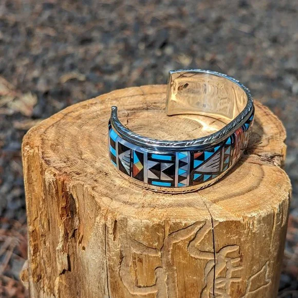 Native American Handmade Cuff‎ Bracelet Zuni Inlay Sterling Silver sz7US *** - Picture 9 of 11